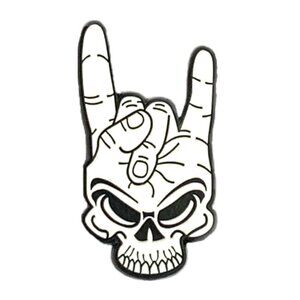 Grinning Skull with Devil Horns Rock On Enamel Pin Black White Punk Goth Brooch